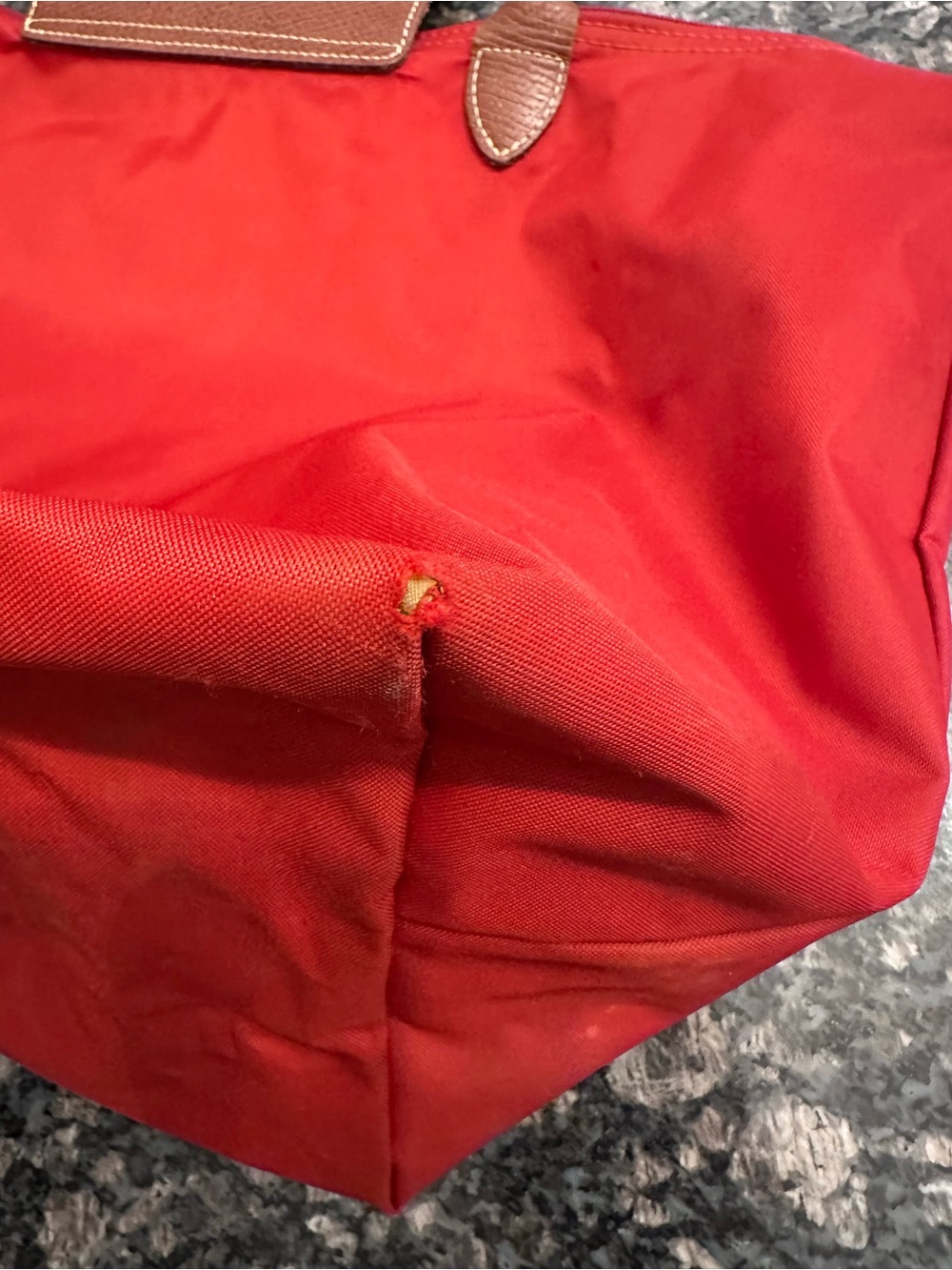 Longchamp Red Le Pliage L Nylon Tote with Brown Leather Trim - Picture 11 of 12